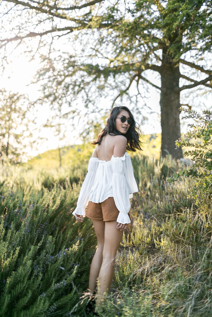 off the shoulder top suede shorts