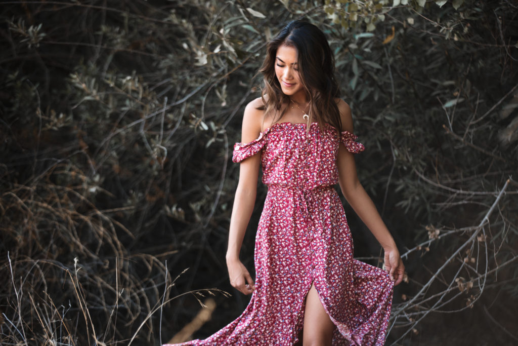 woman wearing Auguste the Label off shoulder maxi dress