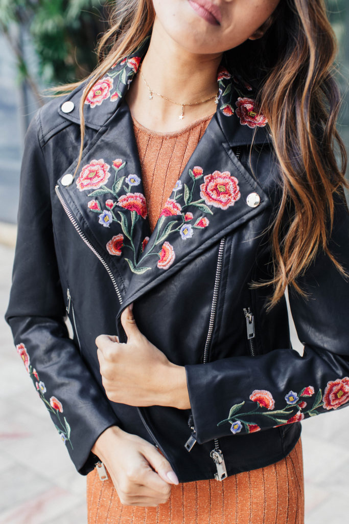 flower embroidered leather jacket