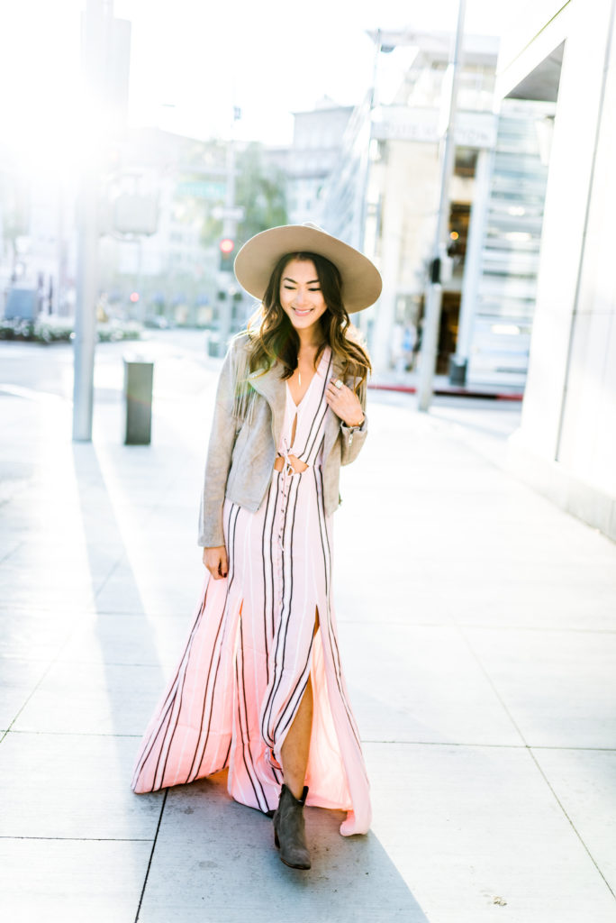 Amy Zhang wearing hat, striped dress, and jacket 