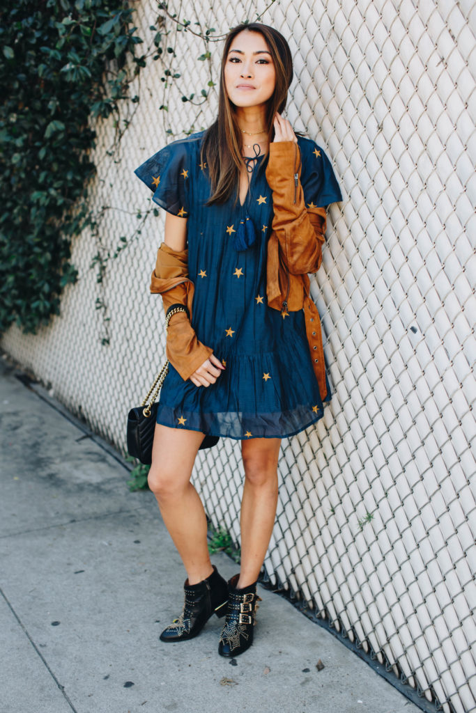 Blogger Tips: 5 Ways to Get Noticed by Brands | The Luxi Look wears a Tularosa star printed dress, Lovers + Friends Suede Jacket, Gucci GG Marmont bag