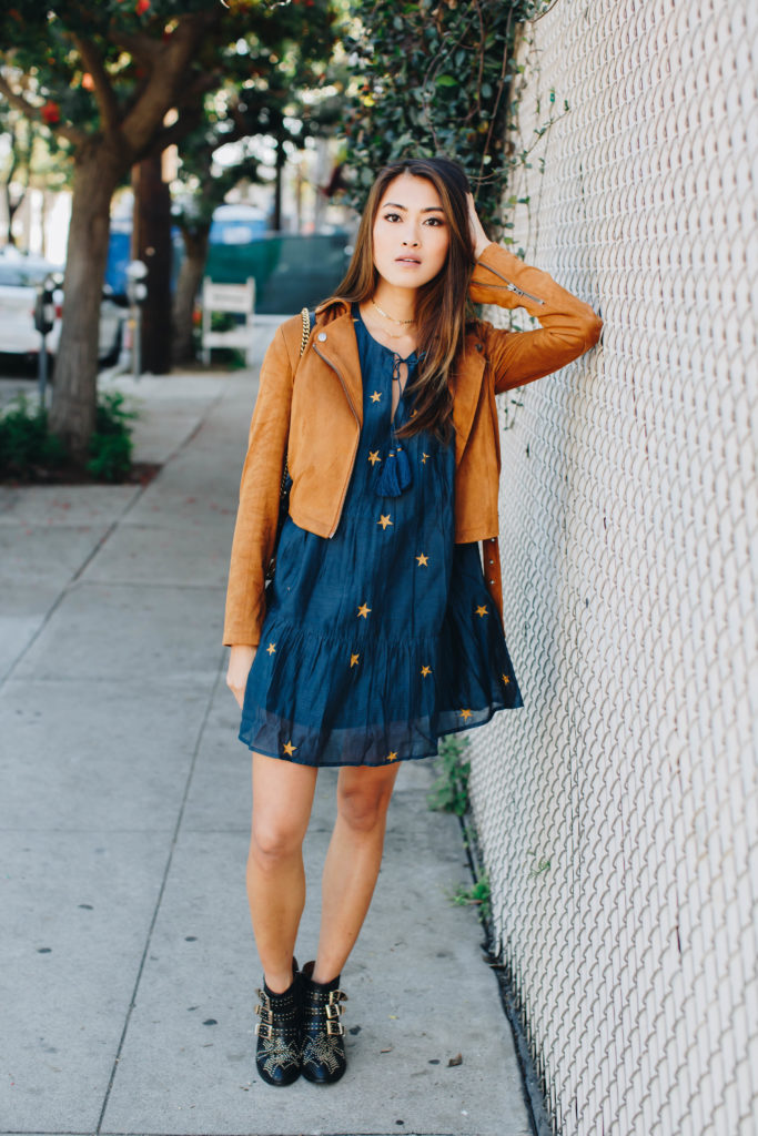 Blogger Tips: 5 Ways to Get Noticed by Brands | The Luxi Look wears a Tularosa star printed dress, Lovers + Friends Suede Jacket, Gucci GG Marmont bag