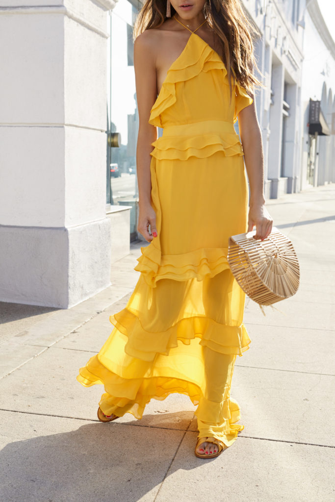  Amy is wearing a yellow halter top ruffle dress by The Luxi Look