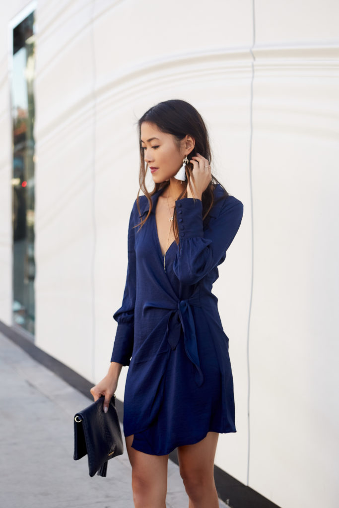 woman in blue dress for look from day to night