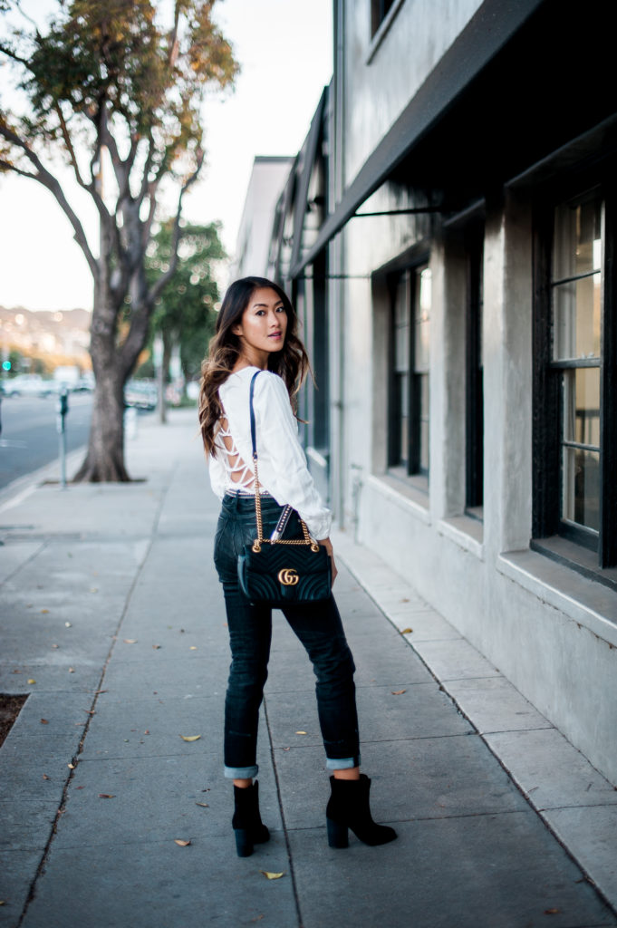 woman walking and turning her head back