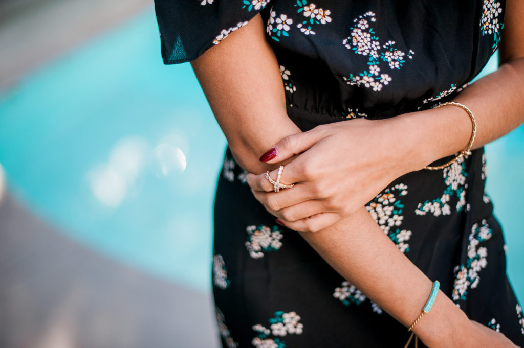 closeup of woman wearing Winter Florals and jewelry
