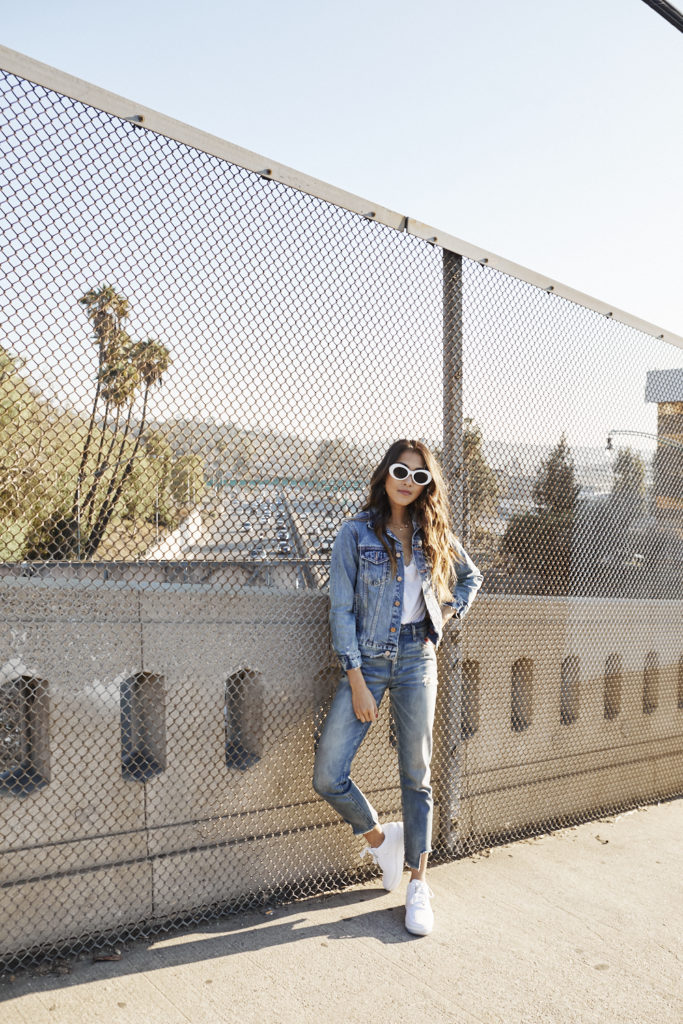 woman wearing denim jeans, white shirt, and jacket for Spring Denim Update