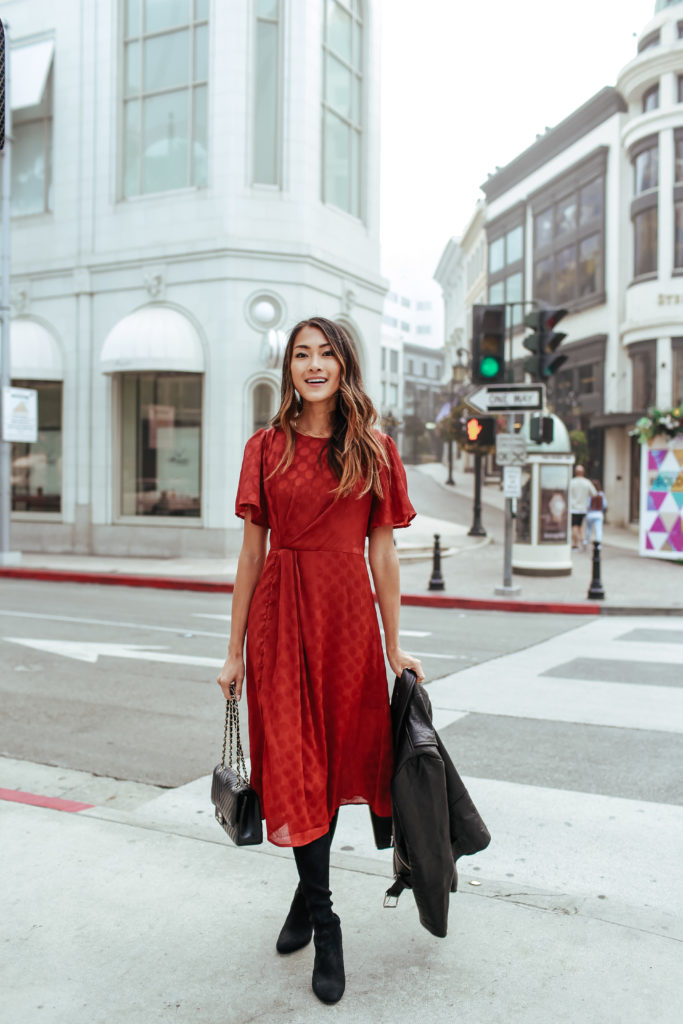 leather jacket: veda | dress: astr the label | shoes: stuart weitzman | bag: chanel