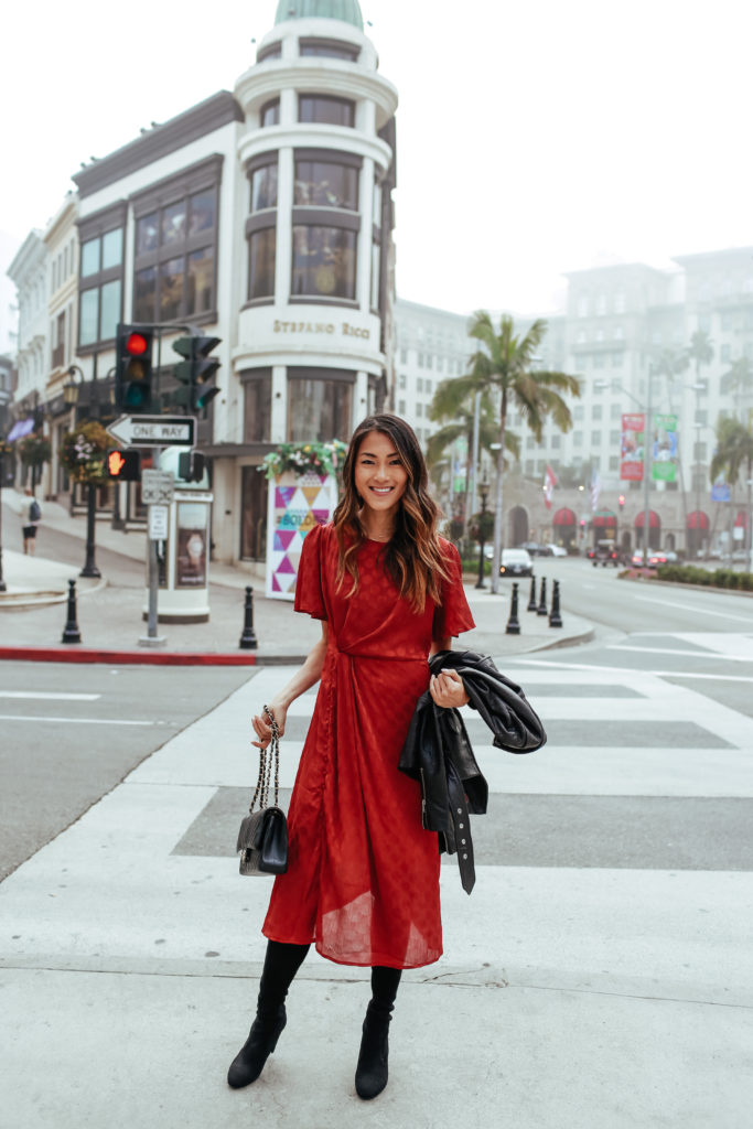 leather jacket: veda | dress: astr the label | shoes: stuart weitzman 